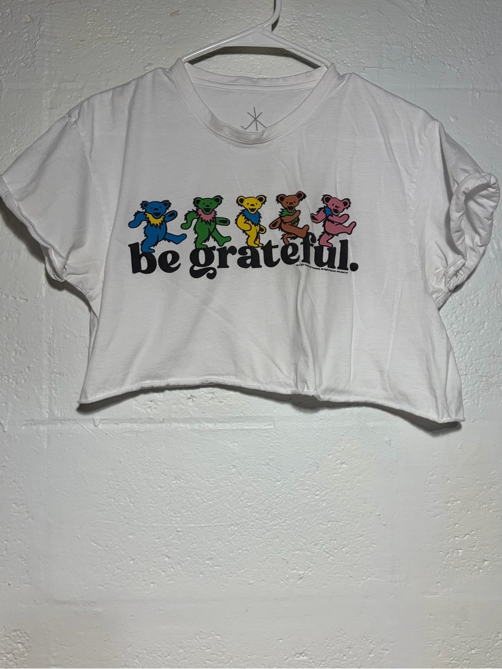 White Crop Tee with Colorful Dancing Bears Graphic